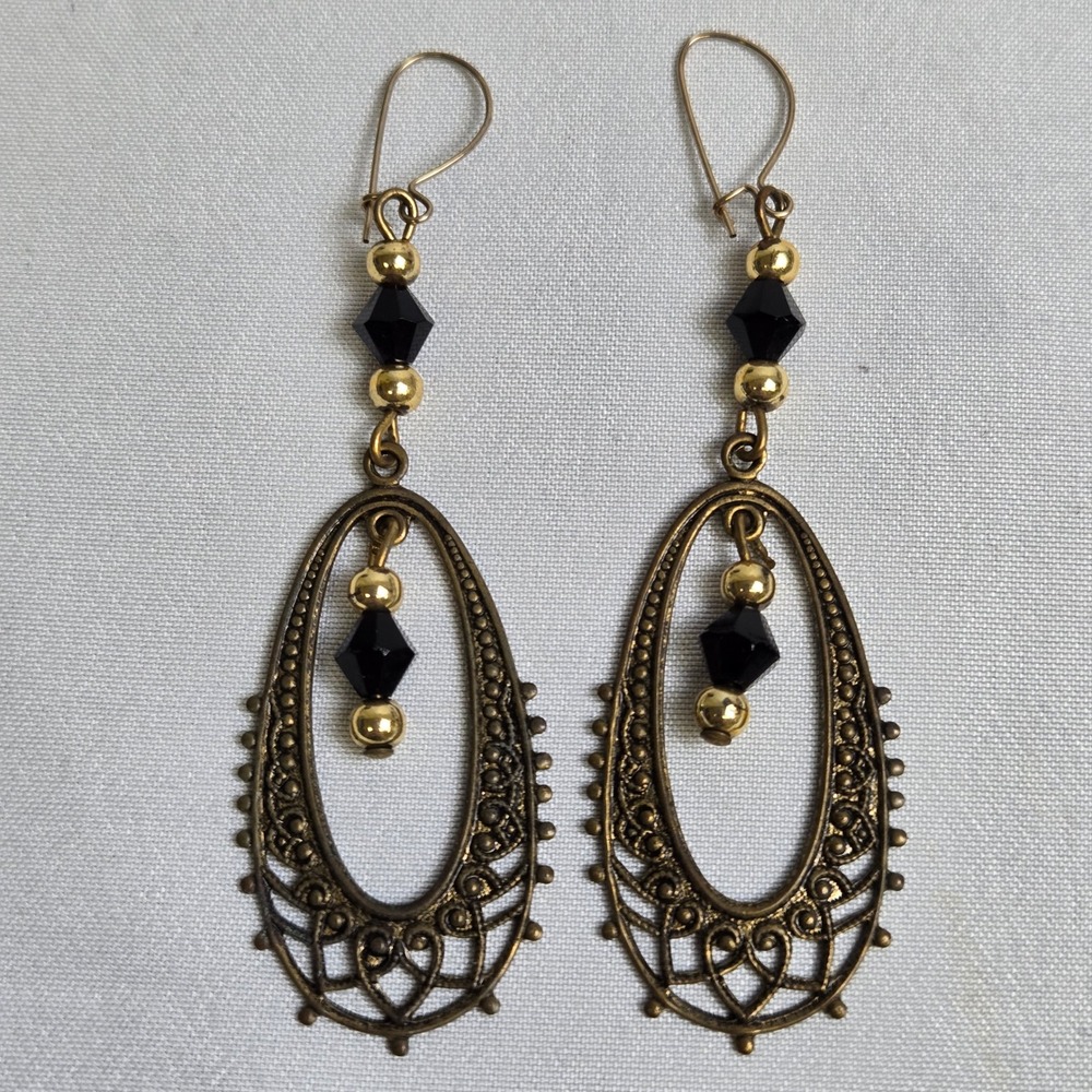 Bronze Filigree‎ Gothic Chandelier Earrings With Beads, Fish Hook Closure